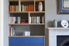 Floating drawer unit and shelves in birch ply with lacquered drawer fronts
